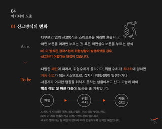 아이디어 도출
04
01 신고방식의 변화
대부분의 앱의 신고방식은 스마트폰을 여러번 흔들거나,
어떤 버튼을 여러번 누르는 것 혹은 화면상의 버튼을 누르는 방식
=> 이 방식은 갑작스럽게 위험상황이 발생하였을 경우,
신고하기 어렵다는 단점이 있습니다.
다양한 패턴에 따라서, 위험수치가 올라가고, 위험 수치가 최대치에 달하면
자동 신고가 되는 시스템으로, 갑자기 위험상황이 발생하거나
사용자가 어떠한 행동을 취하지 못하는 상황에서도 신고 가능케 하여
범죄 예방 및 빠른 대응에 도움을 줄 계획입니다.
As is
To be
패턴
자동
신고
위험
수치
사용자가 지정해둔 목적지에서 일정 거리 이상 벗어나거나,
GPS 가 계속 멈춰있거나 갑자기 핸드폰이 떨어지고,
속도가 빨라지는 등 패턴의 변화에 따라 반응하도록 설계할 예정입니다.
 