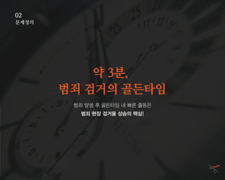 약 3분,
범죄 검거의 골든타임
문제정의
02
범죄 발생 후 골든타임 내 빠른 출동은
범죄 현장 검거율 상승의 핵심!
 