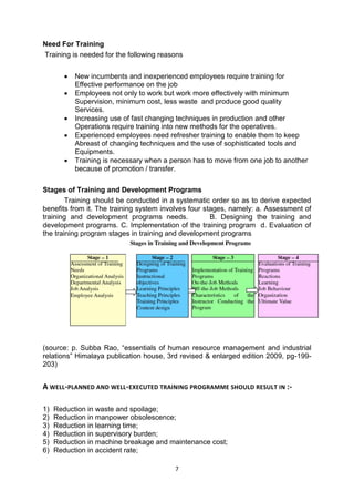 7
Need For Training
Training is needed for the following reasons
 New incumbents and inexperienced employees require training for
Effective performance on the job
 Employees not only to work but work more effectively with minimum
Supervision, minimum cost, less waste and produce good quality
Services.
 Increasing use of fast changing techniques in production and other
Operations require training into new methods for the operatives.
 Experienced employees need refresher training to enable them to keep
Abreast of changing techniques and the use of sophisticated tools and
Equipments.
 Training is necessary when a person has to move from one job to another
because of promotion / transfer.
Stages of Training and Development Programs
Training should be conducted in a systematic order so as to derive expected
benefits from it. The training system involves four stages, namely: a. Assessment of
training and development programs needs. B. Designing the training and
development programs. C. Implementation of the training program d. Evaluation of
the training program stages in training and development programs
(source: p. Subba Rao, “essentials of human resource management and industrial
relations” Himalaya publication house, 3rd revised & enlarged edition 2009, pg-199-
203)
A WELL-PLANNED AND WELL-EXECUTED TRAINING PROGRAMME SHOULD RESULT IN :-
1) Reduction in waste and spoilage;
2) Reduction in manpower obsolescence;
3) Reduction in learning time;
4) Reduction in supervisory burden;
5) Reduction in machine breakage and maintenance cost;
6) Reduction in accident rate;
 
