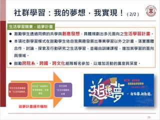 生活學習競賽－追夢計畫
 激勵學生透過同儕的共學與創意發想，具體規劃出多元面向之生活學習計畫。
 本項社群學習模式在鼓勵學生依自我興趣發展出專業學習以外之計畫，落實團體
合作、討論、探索及行動研究之生活學習，並藉由訓練課程，增加其學習的面向
與領域。
 鼓勵跨院系、跨國、跨文化組隊報名參加，以增加活動的廣度與深度。
追夢計畫運作機制
社群學習：我的夢想，我實現！（2/2）
28
 