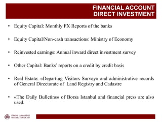 FINANCIAL ACCOUNT
DIRECT INVESTMENT
• Equity Capital: Monthly FX Reports of the banks
• Equity Capital/Non-cash transactions: Ministry of Economy
• Reinvested earnings: Annual inward direct investment survey
• Other Capital: Banks’ reports on a credit by credit basis
• Real Estate: «Departing Visitors Survey» and administrative records
of General Directorate of Land Registry and Cadastre
• «The Daily Bulletins» of Borsa Istanbul and financial press are also
used.
 