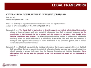 LEGAL FRAMEWORK
CENTRAL BANK OF THE REPUBLIC OF TURKEY (CBRT) LAW
Law No: 1211
Date of Acceptance: 14.1.1970
PART IV- Authority to request information, the balance sheets and reports of banks
Article 43- (As amended by Law No. 4651 of April 25, 2001)
Paragraph 4: «… The Bank shall be authorized to directly request and collect, all statistical information
relating to financial system and other statistical information that shall be deemed necessary for the
surveillance of developments in the economy and the balance of payments, from banks, other
financial institutions and persons. The aforesaid persons shall be obliged to submit these information
accurately within the period and form to be determined by the Bank. The Bank shall be authorized to
investigate and supervise the accuracy of these information at the concerned parties, and to request
additional information and documents.»
Paragraph 5: «… The Bank may publish the statistical information that it deems necessary. However, the Bank
shall not publish, disclose or submit the statistical information having a private and personal nature to an
official authority or private body other than the Banking Regulation and Auditing Institution. These
information shall not be used for purposes other than statistics and shall not be considered as
evidence.»
 