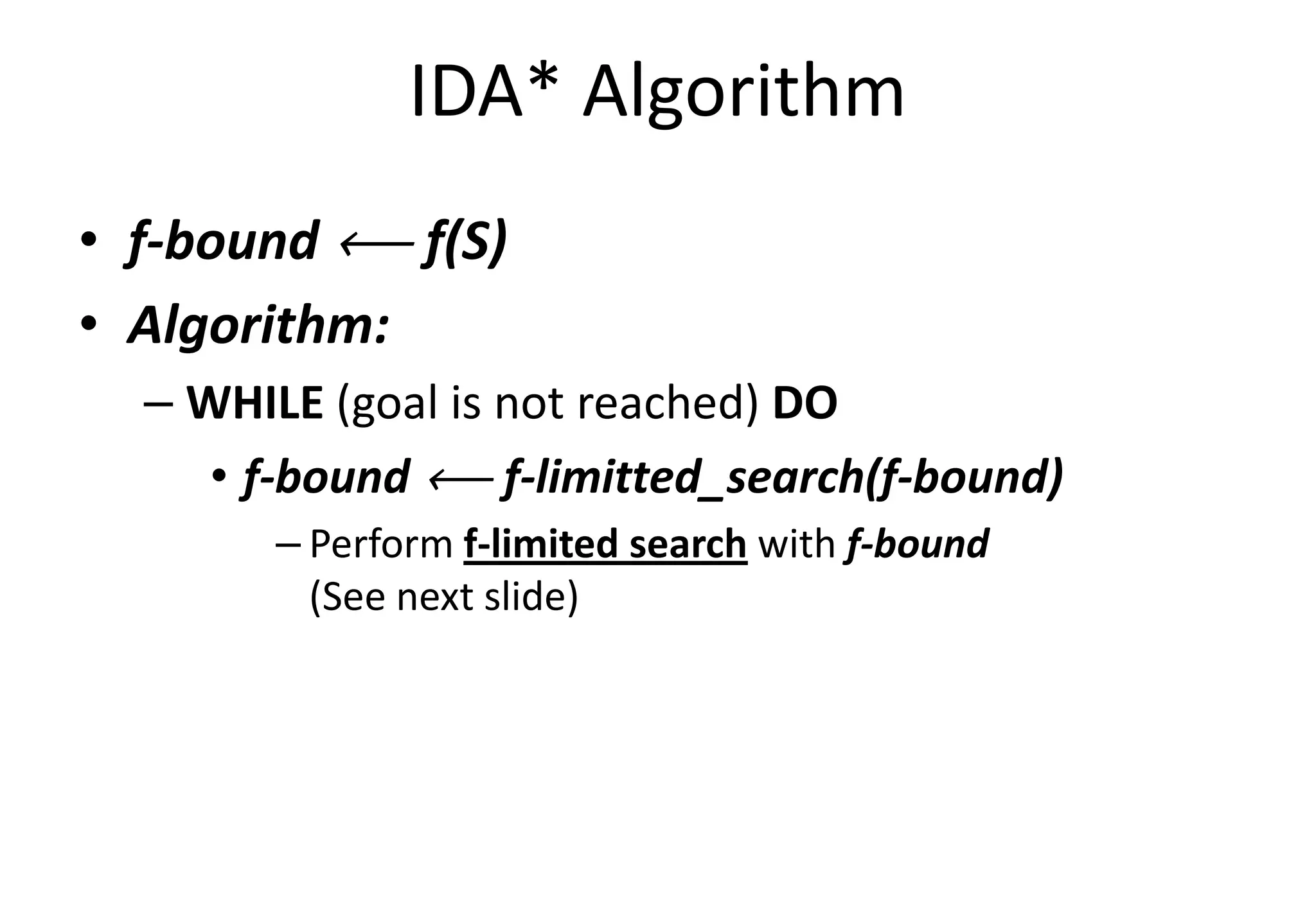 IDA* Algorithm
• f-bound ôôôô f(S)
• Algorithm:
– WHILE (goal is not reached) DO
• f-bound ôôôô f-limitted_search(f-bound)• f-bound ôôôô f-limitted_search(f-bound)
– Perform f-limited search with f-bound
(See next slide)
 