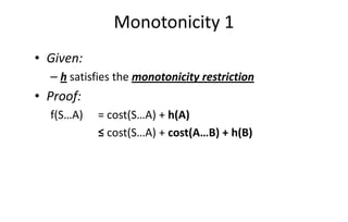 Monotonicity 1
• Given:
– h satisfies the monotonicity restriction
• Proof:
f(S…A) = cost(S…A) + h(A)f(S…A) = cost(S…A) + h(A)
≤ cost(S…A) + cost(A…B) + h(B)
 
