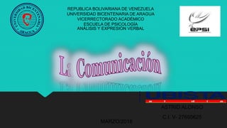 REPUBLICA BOLIVARIANA DE VENEZUELA
UNIVERSIDAD BICENTENARIA DE ARAGUA
VICERRECTORADO ACADÉMICO
ESCUELA DE PSICOLOGÍA
ANÁLISIS Y EXPRESIÓN VERBAL
ASTRID ALONSO
C.I. V- 27695625
MARZO/2018
 