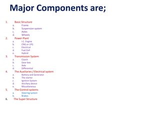 Major Components are;
1. Basic Structure
a. Frame
b. Suspension system
c. Axles
d. Wheels
2. Power Plant
a. I.C. Engine
b. CNG or LPG
c. Electrical
d. Fuel Cell
e. Hybrid
3. Transmission System
a. Clutch
b. Gear box
c. Axle
d. Differential
4. The Auxiliaries / Electrical system
a. Battery and Generator
b. The starter
c. Ignition System
d. Ancillary device
e. Miscellaneous
5. The Control systems
a. Steering system
b. Brakes
6. The Super Structure
 