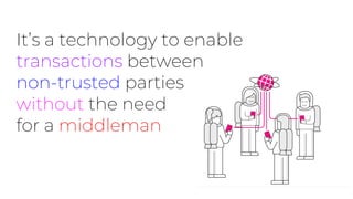 It’s a technology to enable
transactions between
non-trusted parties
without the need
for a middleman
 