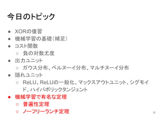 今日のトピック
● XORの復習
● 機械学習の基礎（補足）
● コスト関数
○ 負の対数尤度
● 出力ユニット
○ ガウス分布、ベルヌーイ分布、マルチヌーイ分布
● 隠れユニット
○ ReLU、ReLUの一般化、マックスアウトユニット、シグモイ
ド、ハイパボリックタンジェント
● 機械学習で有名な定理
○ 普遍性定理
○ ノーフリーランチ定理 32
 
