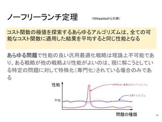 ノーフリーランチ定理
あらゆる問題で性能の良い汎用最適化戦略は理論上不可能であ
り、ある戦略が他の戦略より性能がよいのは、現に解こうとしてい
る特定の問題に対して特殊化（専門化）されている場合のみであ
る
36
コスト関数の極値を探索するあらゆるアルゴリズムは、全ての可
能なコスト関数に適用した結果を平均すると同じ性能となる
（Wikipediaから引用）
 