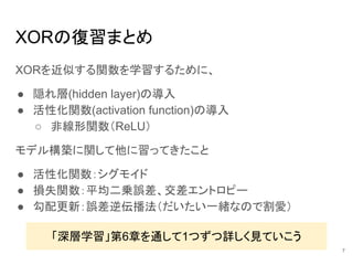 XORの復習まとめ
XORを近似する関数を学習するために、
● 隠れ層(hidden layer)の導入
● 活性化関数(activation function)の導入
○ 非線形関数（ReLU）
モデル構築に関して他に習ってきたこと
● 活性化関数：シグモイド
● 損失関数：平均二乗誤差、交差エントロピー
● 勾配更新：誤差逆伝播法（だいたい一緒なので割愛）
「深層学習」第6章を通して1つずつ詳しく見ていこう
7
 
