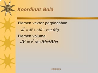 MMR/KRU
Koordinat Bola
Elemen vektor perpindahan
Elemen volume
ϕθθ ddrdrdV sin2
=
ϕθθ drrdrdld sin++=
rr
 