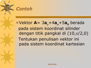 MMR/KRU
Contoh
Vektor A= 3aρ+4aϕ+5az berada
pada sistem koordinat silinder
dengan titik pangkal di (10,π/2,0)
Tentukan penulisan vektor ini
pada sistem koordinat kartesian
 