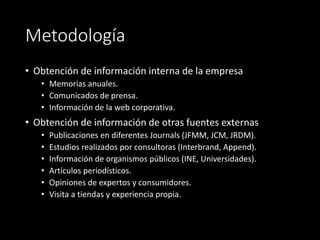 Metodología
• Obtención de información interna de la empresa
• Memorias anuales.
• Comunicados de prensa.
• Información de la web corporativa.
• Obtención de información de otras fuentes externas
• Publicaciones en diferentes Journals (JFMM, JCM, JRDM).
• Estudios realizados por consultoras (Interbrand, Append).
• Información de organismos públicos (INE, Universidades).
• Artículos periodísticos.
• Opiniones de expertos y consumidores.
• Visita a tiendas y experiencia propia.
 
