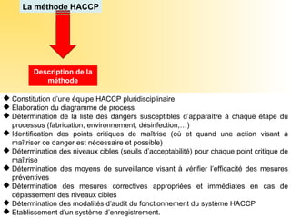 La méthode HACCP
Description de la
méthode
 Constitution d’une équipe HACCP pluridisciplinaire
 Elaboration du diagramme de process
 Détermination de la liste des dangers susceptibles d’apparaître à chaque étape du
processus (fabrication, environnement, désinfection,…)
 Identification des points critiques de maîtrise (où et quand une action visant à
maîtriser ce danger est nécessaire et possible)
 Détermination des niveaux cibles (seuils d’acceptabilité) pour chaque point critique de
maîtrise
 Détermination des moyens de surveillance visant à vérifier l’efficacité des mesures
préventives
 Détermination des mesures correctives appropriées et immédiates en cas de
dépassement des niveaux cibles
 Détermination des modalités d’audit du fonctionnement du système HACCP
 Etablissement d’un système d’enregistrement.
 
