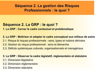 Séquence 2. La GRP : le quoi ?
1. La GRP : Cerner le cadre contextuel et problématique
2. La GRP : Maîtriser et adapter le cadre conceptuel aux milieux de soins
2.1. Risque & risques professionnels : sens, types et notions dérivées
2.2. Gestion du risque professionnel : sens et démarche
2.3. Déficits systémiques culturels, organisationnels et managériaux
3. La GRP : Observer la cadre législatif, réglementaire et statutaire
3.1. Dimension législative
3.2. Dimension réglementaire
3.3. Dimension statutaire
Séquence 2. La gestion des Risques
Professionnels : le quoi ?
 