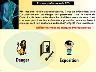 RP : est une notion anthropocentrée. C’est un événement dont
l’occurrence met en danger des personnes dans le cadre de
l’exercice de leur métier dans les établissements de soin. Il ne
concerne pas tous les événements possibles, mais seulement
ceux qui sont non souhaités, nuisant à l’intégrité d’un travailleur.
Risques professionnels AESRisques professionnels AES
Différents types de Risques Professionnels ?
4. L'Accident Exposant au Sang (AES)
5. Les rayonnements ionisants
2. Les risques liés à l'activité physique
3. Les risques biologiques
1. Les accidents de plain-pied
6. Les risques psychosociaux
 