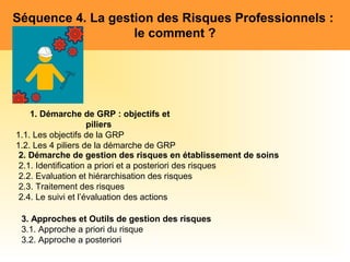 Séquence 4. La gestion des Risques Professionnels :
le comment ?
1. Démarche de GRP : objectifs et
piliers
1.1. Les objectifs de la GRP
1.2. Les 4 piliers de la démarche de GRP
2. Démarche de gestion des risques en établissement de soins
2.1. Identification a priori et a posteriori des risques
2.2. Evaluation et hiérarchisation des risques
2.3. Traitement des risques
2.4. Le suivi et l’évaluation des actions
3. Approches et Outils de gestion des risques
3.1. Approche a priori du risque
3.2. Approche a posteriori
 