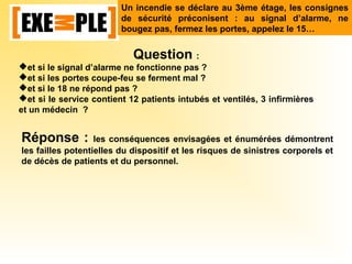 Question :
et si le signal d’alarme ne fonctionne pas ?
et si les portes coupe-feu se ferment mal ?
et si le 18 ne répond pas ?
et si le service contient 12 patients intubés et ventilés, 3 infirmières
et un médecin ?
Réponse : les conséquences envisagées et énumérées démontrent
les failles potentielles du dispositif et les risques de sinistres corporels et
de décès de patients et du personnel.
Un incendie se déclare au 3ème étage, les consignes
de sécurité préconisent : au signal d’alarme, ne
bougez pas, fermez les portes, appelez le 15…
 