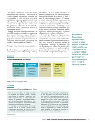 A medida que
desaparecen
algunos trabajos,
aparecerán otros
empleos en servicios
no comercializables
como la educación,
la atención médica y
los servicios públicos
que también son
fundamentales para
hacer avanzar el
desarrollo humano
En el plano económico es preciso crear nuevas
oportunidades para la juventud y prepararla con las
cualificaciones que necesita para aprovechar esas
oportunidades. En 2020, más de un tercio de las
cualificaciones importantes para la economía actual
habrán cambiado44
. La adquisición de competencias
técnicas para el siglo  XXI debe formar parte
del aprendizaje permanente de las cuatro  C:
pensamiento crítico, colaboración, creación y
comunicación (gráfico 4.3).
Para que las personas jóvenes den rienda suelta a su
creatividadysuespírituemprendedoresnecesarioprestar
apoyo normativo a los sectores y empresas de los nuevos
ámbitos de la economía, a la juventud emprendedora
que participa en empresas emergentes o actividades de
colaboración abierta distribuida (crowdsourcing), por
ejemplo,yalosempresariossociales(cuadro 4.7).
Proteger a los trabajadores vulnerables
Tres de los diez mayores empleadores del mundo
están sustituyendo a los trabajadores por robots, y
alrededor del 57% de los puestos de trabajo en los
países de la Organización para la Cooperación y el
Desarrollo Económicos se encuentran en riesgo a
causa de la automatización (gráfico 4.4)45
. Además,
el mundo está avanzando hacia una economía del
conocimiento, por lo que los trabajadores poco
cualificados o marginales están perdiendo sus medios
de vida. Se calcula que la Unión Europea creará
16 millones de nuevos puestos de trabajo entre 2010
y 2020, pero está previsto que el número de empleos
disponibles para personas con poca o ninguna
educación formal se reduzca en 12 millones46
.
A medida que desaparecen algunos trabajos,
aparecerán otros empleos en servicios no
comercializablescomolaeducación,laatenciónmédica
ylosserviciospúblicosquetambiénsonfundamentales
para hacer avanzar el desarrollo humano. Es
preciso educar y orientar a los trabajadores para
que desempeñen estos trabajos. Por ejemplo, cabría
desarrollar cualificaciones para que los trabajadores
puedan realizar la transición al empleo sostenible en la
economía verde, la energía solar y la energía eólica.
GRÁFICO 4.3
Cualificaciones necesarias en el siglo XXI
Formas de pensar
Creatividad
Pensamiento crítico
Solución de problemas
Toma de decisiones
Aprendizaje
Herramientas
para trabajar
Tecnologías de la
información y
la comunicación
Alfabetización
en información
Formas de trabajar
Comunicación
Colaboración
Preparación
para la vida
Ciudadanía
Vida y carrera
profesional
Responsabilidad
personal y social
Fuente: Oficina del Informe sobre Desarrollo Humano.
CUADRO 4.7
Las empresas sociales atraen a las personas jóvenes
Entre los nuevos ámbitos de trabajo emergente
se encuentran las empresas sociales, entidades
comprometidas con una causa y creadas para hacer
frente a un problema social. Se trata de empresas sin
pérdidas, sin dividendos y autosostenibles desde el
punto de vista financiero cuyo objetivo principal no es
maximizar las rentabilidades (aunque estas también
sean deseables), sino los beneficios sociales.
Inspirados por una causa y por el deseo de
devolver algo a la sociedad, muchos jóvenes
emprendedores económicos de éxito de todo el
mundo están dejando de trabajar en empresas que
solo persiguen fines lucrativos para comprometerse
en favor del cambio social. Un estudio llevado a
cabo entre 763  emprendedores económicos en la
India que pasaron del emprendimiento económico
al social entre 2003 y 2013 y un análisis cuantitativo
de 493 emprendedores revelaron que el 21% de los
emprendedores de éxito apostaron por actividades
relacionadas con el cambio social. En su mayoría son
personas cualificadas y con dotes de liderazgo para
dirigir una organización, que cuentan con fortuna
propia, a menudo no pertenecen al sistema y, en
algunos casos, proceden de la diáspora.
Fuente: PNUD 2015a.
Capítulo 4  Atender a las personas en situación de exclusión: opciones de política nacionales | 115
 