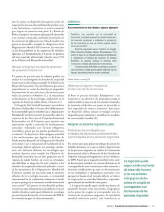 La migración puede
seguir siendo una fuente
de desarrollo humano
si las necesidades
a largo plazo de los
países de acogida se
corresponden con
los intereses de las
personas migrantes
que los países en desarrollo han ganado poder de
negociación, los acuerdos multilaterales pueden, pese
a sus limitaciones, convertirse en una herramienta
para lograr un comercio más justo. La Ronda de
Doha se propone incorporar principios de desarrollo
a las normas comerciales, mediante la inclusión de
las cuestiones de aplicación con el fin de ayudar a los
países en desarrollo a cumplir las obligaciones de la
Organización Mundial del Comercio, la corrección
de los desequilibrios en los regímenes de subsidios
agrícolas, y el fortalecimiento y la puesta en práctica
del trato especial y diferenciado (véase la meta 17.10
de los Objetivos de Desarrollo Sostenible).
Revisar el régimen mundial de derechos
de propiedad intelectual
Un punto de partida para la reforma podría ser
evaluar si el actual régimen de derechos de propiedad
intelectual resulta útil para cumplir los Objetivos de
Desarrollo Sostenible. Hay dos Objetivos que tienen
especialmente en cuenta los derechos de propiedad:
la promoción de una vida sana y de bienestar para
todas las personas (Objetivo  3) y el mecanismo
de facilitación de la tecnología, establecido en la
Agenda de Acción de Addis Abeba (Objetivo 17).
ElGrupodeAltoNiveldelSecretarioGeneraldelas
Naciones Unidas sobre el Acceso a los Medicamentos
ha recomendado que los miembros de la Organización
Mundial del Comercio revisen los acuerdos sobre los
Aspectos de los Derechos de Propiedad Intelectual
Relacionados con el Comercio para permitir una
exportación rápida y acelerada de medicamentos
esenciales, elaborados con licencia obligatoria
concedida a países que no pueden producirlos por
sí mismos62
. En la práctica, debe otorgarse prioridad
a los medicamentos que figuran en la Lista de
Medicamentos Esenciales de la Organización Mundial
de la Salud. Con el mecanismo de facilitación de la
tecnología debería aplicarse un principio similar:
cada año deberían definirse las tecnologías que
resultan decisivas para cumplir los Objetivos de
Desarrollo Sostenible (en un foro propuesto por la
Agenda de Addis Abeba), así como los obstáculos
que dificultan su adopción. En este contexto, si los
derechos de propiedad intelectual aplicados a través
de los mecanismos de la Organización Mundial del
Comercio resultan ser una traba para la oportuna
difusión de la tecnología necesaria, la comunidad
internacional ha de replantearse seriamente el modo
enqueseprotegenyseremunerananivelinternacional
estos activos63
. Los avances en esta dirección podrían
revestirunaespecialimportanciaparalaluchacontrael
cambio climático, puesto que la difusión de tecnología
es esencial para desvincular el crecimiento del PIB de
las emisiones de gases de efecto invernadero.
Reformar el régimen mundial de
protección de los inversores
Si bien es preciso defender debidamente a los
inversores y sus derechos de propiedad contra la
arbitrariedad, la mayoría de los tratados bilaterales
de inversión celebrados con países en desarrollo se
han negociado de manera asimétrica. Los países
en desarrollo deben utilizar el margen jurídico
disponible para replantear y modificar los modelos
de estos tratados (cuadro 5.6).
Adoptar un sistema migratorio justo
Fortalecer las estrategias que
protegen los derechos y promueven las
oportunidades de las personas migrantes
Un primer paso para aplicar un enfoque basado en los
derechos humanos en lo que se refiere a la protección
de las personas migrantes es ratificar la Convención
Internacional sobre la Protección de los Derechos de
TodoslosTrabajadoresMigratoriosydesusFamiliares,
de 1990. Puesto que la migración también forma parte
de la economía mundial, sus normas deberían ser la
contrapartida de unas normas justas sobre comercio e
inversión, estableciendo un trato no discriminatorio
de los trabajadores y trabajadoras nacionales. Esta
perspectiva basada en el mercado debería ser objeto
de negociación en acuerdos bilaterales y regionales,
aprovechando las similitudes entre países.
La migración puede seguir siendo una fuente de
desarrollo humano si las necesidades a largo plazo
de los países de acogida se corresponden con los
intereses de las personas migrantes. La movilidad
mundial voluntaria podría salir beneficiada si
CUADRO 5.6
Replanteamiento de los tratados: algunos ejemplos
Sudáfrica, tras consultar con la comunidad de
inversores, ha dejado expirar los tratados bilaterales
de inversión existentes y establece la protección
de los inversores en una ley interna vigente desde
diciembre de 2015.
Brasil ha negociado nuevos tratados con Angola,
Chile, Colombia, Malawi, México, Mozambique y Perú
sobre la base de un modelo principal de facilitación
y cooperación en materia de inversión. El enfoque
brasileño, en general, rechaza el arbitraje entre
inversores y Estados para resolver controversias.
ElnuevomodelodelaIndianoprotegelainversión,
sino al inversor, y exige que se agoten todas las vías de
recurso nacionales antes de acudir al arbitraje.
Fuente: Montes y Lunenborg 2016.
Capítulo 5  Transformar las instituciones mundiales | 149
 