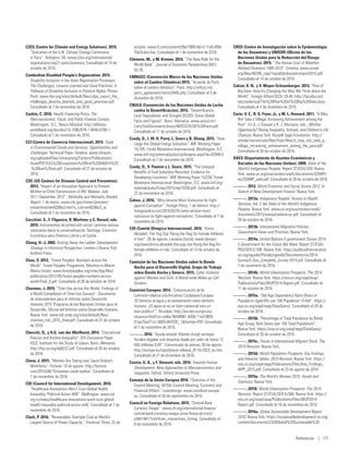 C2ES (Centre for Climate and Energy Solutions). 2015.
“Outcomes of the U.N. Climate Change Conference
in Paris”. Arlington, VA. www.c2es.org/international/
negotiations/cop21-paris/summary. Consultado el 14 de
octubre de 2016.
Cambodian Disabled People’s Organization. 2015.
Disability Inclusion in the Voter Registration Processes,
The Challenges, Lessons Learned and Good Practices: A
Pathway of Disability Inclusion in Political Rights. Phnom
Penh. www.ifes.org/sites/default/files/cdpo_report_the_
challenges_lessons_learned_and_good_practices.pdf.
Consultado el 7 de noviembre de 2016.
Cashin, C. 2016. Health Financing Policy: The
Macroeconomic, Fiscal, and Public Finance Context.
Washington, D.C.: Banco Mundial. http://elibrary.
worldbank.org/doi/abs/10.1596/978-1-4648-0796-1.
Consultado el 7 de noviembre de 2016.
CCI (Centro de Comercio Internacional). 2014. Trade
in Environmental Goods and Services: Opportunities and
Challenges. Technical Paper. Ginebra. www.intracen.
org/uploadedFiles/intracenorg/Content/Publications/
AssetPDF/EGS%20Ecosystems%20Brief%20040914%20
-%20low%20res.pdf. Consultado el 27 de octubre de
2016.
CDC (US Centers for Disease Control and Prevention).
2013. “Impact of an Innovative Approach to Prevent
Mother-to-Child Transmission of HIV: Malawi, July
2011-September 2012”. Morbidity and Mortality Weekly
Report, 1 de marzo. www.cdc.gov/mmwr/preview/
mmwrhtml/mm6208a3.htm?s_cid=mm6208a3_w.
Consultado el 7 de noviembre de 2016.
Cecchini, S., F. Filgueira, R. Martínez y C. Rossel, eds.
2015. Instrumentos de protección social: caminos latinoa-
mericanos hacia la universalización. Santiago: Comisión
Económica para América Latina y el Caribe.
Chang, H.-J. 2002. Kicking Away the Ladder: Development
Strategy in Historical Perspective. Londres y Nueva York:
Anthem Press.
Chao, S. 2012. “Forest Peoples: Numbers across the
World”. Forest Peoples Programme, Moreton-in-Marsh
(Reino Unido). www.forestpeoples.org/sites/fpp/files/
publication/2012/05/forest-peoples-numbers-across-
world-final_0.pdf. Consultado el 26 de octubre de 2016.
Charmes, J. 2015. “Time Use across the World: Findings of
a World Compilation of Time-Use Surveys”. Documento
de antecedentes para el Informe sobre Desarrollo
Humano 2015. Programa de las Naciones Unidas para el
Desarrollo, Oficina del Informe sobre Desarrollo Humano,
Nueva York. www.hdr.undp.org/sites/default/files/
charmes_hdr_2015_final.pdf. Consultado el 27 de octubre
de 2016.
Checchi, D., y H.G. van der Werfhorst. 2014. “Educational
Policies and Income Inequality”. IZA Discussion Paper
8222. Institute for the Study of Labour, Bonn, Alemania.
http://ftp.iza.org/dp8222.pdf. Consultado el 26 de octubre
de 2016.
Chew, J. 2015. “Women Are Taking over Saudi Arabia’s
Workforce”. Fortune, 10 de agosto. http://fortune.
com/2015/08/10/women-saudi-arabia/. Consultado el
7 de noviembre de 2016.
CID (Council for International Development). 2016.
“Healthcare Innovations Won’t Cure Global Health
Inequality: Political Action Will”. Wellington. www.cid.
org.nz/news/healthcare-innovations-wont-cure-global-
health-inequality-political-action-will/. Consultado el 7 de
noviembre de 2016.
Clark, P. 2016. “Renewables Overtake Coal as World’s
Largest Source of Power Capacity”. Financial Times, 25 de
octubre. www.ft.com/content/09a1f984-9a1d-11e6-8f9b-
70e3cabccfae. Consultado el 1 de noviembre de 2016.
Clemens, M., y M. Kremer. 2016. “The New Role for the
World Bank”. Journal of Economic Perspectives 30(1):
53-76.
CMNUCC (Convención Marco de las Naciones Unidas
sobre el Cambio Climático) 2015. “Acuerdo de París
sobre el cambio climático”. París. http://unfccc.int/
paris_agreement/items/9485.php. Consultado el 3 de
diciembre de 2016.
CNULD (Convención de las Naciones Unidas de Lucha
contra la Desertificación). 2015. “Desertification,
Land Degradation and Drought (DLDD): Some Global
Facts and Figures”. Bonn, Alemania. www.unccd.int/
Lists/SiteDocumentLibrary/WDCD/DLDD%20Facts.pdf.
Consultado el 11 de octubre de 2016.
Coady, D., I. W. H. Parry, L. Sears y B. Shang. 2015. “How
Large Are Global Energy Subsidies”. IMF Working Paper
15/105. Fondo Monetario Internacional, Washington, D.C.
www.imf.org/external/pubs/cat/longres.aspx?sk=42940.0.
Consultado el 7 de noviembre de 2016.
Coady, D., V. Flamini y L. Sears. 2015. “The Unequal
Benefits of Fuel Subsidies Revisited: Evidence for
Developing Countries”. IMF Working Paper 15/250. Fondo
Monetario Internacional, Washington, D.C. www.imf.org/
external/pubs/ft/wp/2015/wp15250.pdf. Consultado el
22 de noviembre de 2016.
Cohen, J. 2016. “Why Ukraine Must Outsource Its Fight
against Corruption”. Foreign Policy, 1 de febrero. http://
foreignpolicy.com/2016/02/01/why-ukraine-must-
outsource-its-fight-against-corruption/. Consultado el 7 de
noviembre de 2016.
COI (Comité Olímpico Internacional). 2016. “Kimia
Alizadeh: The Yog Star Flying the Flag for Female Athletes
in Iran”. 26 de agosto. Lausana (Suiza). www.olympic.
org/news/kimia-alizadeh-the-yog-star-flying-the-flag-for-
female-athletes-in-iran. Consultado el 14 de octubre de
2016.
Comisión de las Naciones Unidas sobre la Banda
Ancha para el Desarrollo Digital, Grupo de Trabajo
sobre Banda Ancha y Género. 2015. Cyber Violence
against Women and Girls: A World-wide Wake-up Call.
Ginebra.
Comisión Europea. 2014. “Comunicación de la
Comisión relativa a la Iniciativa Ciudadana Europea
‘El Derecho al agua y el saneamiento como derecho
humano. ¡El agua no es un bien comercial sino un
bien público!’”. Bruselas. http://eur-lex.europa.eu/
resource.html?uri=cellar:9bf48961-b030-11e3-86f9-
01aa75ed71a1.0005.04/DOC_1format=PDF. Consultado
el 7 de noviembre de 2016.
———. 2016. “Ayuda estatal: Irlanda otorgó ventajas
fiscales ilegales a la empresa Apple por valor de hasta 13
000 millones EUR”. Comunicado de prensa, 30 de agosto.
http://europa.eu/rapid/press-release_IP-16-2923_es.htm.
Consultado el 21 de diciembre de 2016.
Cornia, G. A., y F. Stewart, eds. 2014. Towards Human
Development: New Approaches to Macroeconomics and
Inequality. Oxford: Oxford University Press.
Consejo de la Unión Europea 2016. “Outcome of the
Council Meeting, 3475th Council Meeting, Economic and
Financial Affairs”. Luxemburgo. www.consilium.europa.
eu. Consultado el 30 de septiembre de 2016.
Council on Foreign Relations. 2015. “Central Bank
Currency Swaps”. www.cfr.org/international-finance/
central-bank-currency-swaps-since-financial-crisis/
p36419#!/?cid=from_interactives_listing. Consultado el
8 de noviembre de 2016.
CRED (Centro de Investigación sobre la Epidemiología
de los Desastres) y UNISDR (Oficina de las
Naciones Unidas para la Reducción del Riesgo
de Desastres). 2015. “The Human Cost of Weather-
Related Disasters 1995-2015”. Ginebra. www.unisdr.
org/files/46796_cop21weatherdisastersreport2015.pdf.
Consultado el 14 de octubre de 2016.
Cukier, K. N., y V. Mayer-Schoenberger. 2013. “Rise of
Big Data: How It’s Changing the Way We Think about the
World”. Foreign Affairs 92(3): 28-40. http://faculty.cord.
edu/andersod/The%20Rise%20of%20Big%20Data.docx.
Consultado el 4 de diciembre de 2016.
Curto, V. E., R. G. Fryer, Jr., y M. L. Howard. 2011. “It May
Not Take a Village: Increasing Achievement among the
Poor”. En G. J. Duncan y R. J. Murnane, eds., Whither
Opportunity? Rising Inequality, Schools, and Children’s Life
Chances. Nueva York: Russell Sage Foundation. http://
scholar.harvard.edu/files/fryer/files/it_may_not_take_a_
village_increasing_achievement_among_the_poor.pdf.
Consultado el 26 de octubre de 2016.
DAES (Departamento de Asuntos Económicos y
Sociales de las Naciones Unidas). 2009. State of the
World’s Indigenous Peoples. Report ST/ESA/328. Nueva
York. www.un.org/esa/socdev/unpfii/documents/SOWIP/
en/SOWIP_web.pdf. Consultado el 28 de octubre de 2016.
———. 2012. World Economic and Social Survey 2012: In
Search of New Development Finance. Nueva York.
———. 2013a. Indigenous Peoples’ Access to Health
Services. Vol. 2 del State of the World’s Indigenous
Peoples. Nueva York. www.un.org/esa/socdev/unpfii/
documents/2015/sowip2volume-ac.pdf. Consultado el
28 de octubre de 2016.
———. 2013b. International Migration Policies:
Government Views and Priorities. Nueva York.
———. 2014a. United Nations E-government Survey 2014:
E-Government for the Future We Want. Report ST/ESA/
PAD/SER.E/188. Nueva York. https://publicadministration.
un.org/egovkb/Portals/egovkb/Documents/un/2014-
Survey/E-Gov_Complete_Survey-2014.pdf. Consultado el
7 de noviembre de 2016.
———. 2014b. World Urbanization Prospects: The 2014
Revision. Nueva York. https://esa.un.org/unpd/wup/
Publications/Files/WUP2014-Report.pdf. Consultado el
11 de octubre de 2016.
———. 2015a. “Old-Age Dependency Ratio (Ratio of
Population Aged 65+ per 100 Population 15-64)”. https://
esa.un.org/unpd/wpp/DataQuery/. Consultado el 26 de
octubre de 2016.
———. 2015b. “Percentage of Total Population by Broad
Age Group, Both Sexes (per 100 Total Population)”.
Nueva York. https://esa.un.org/unpd/wpp/DataQuery/.
Consultado el 26 de octubre de 2016.
———. 2015c. Trends in International Migrant Stock: The
2015 Revision. Nueva York.
———. 2015d. World Population Prospects: Key Findings
and Advance Tables: 2015 Revision. Nueva York. https://
esa.un.org/unpd/wpp/Publications/Files/Key_Findings_
WPP_2015.pdf. Consultado el 23 de agosto de 2016.
———. 2015e. The World’s Women 2015: Trends and
Statistics. Nueva York.
———. 2015f. World Urbanization Prospects: The 2014
Revision. Report ST/ESA/SER.A/366. Nueva York. https://
esa.un.org/unpd/wup/Publications/Files/WUP2014-
Report.pdf. Consultado el 16 de noviembre de 2016.
———. 2016a. Global Sustainable Development Report
2016. Nueva York. https://sustainabledevelopment.un.org/
content/documents/2328Global%20Sustainable%20
Referencias | 177
 