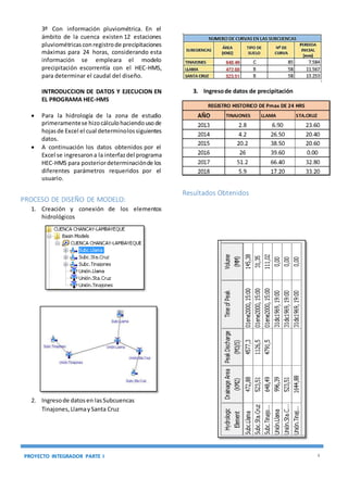 PROYECTO INTEGRADOR PARTE I 4
3º Con información pluviométrica. En el
ámbito de la cuenca existen 12 estaciones
pluviométricasconregistrode precipitaciones
máximas para 24 horas, considerando esta
información se empleara el modelo
precipitación escorrentía con el HEC-HMS,
para determinar el caudal del diseño.
INTRODUCCION DE DATOS Y EJECUCION EN
EL PROGRAMA HEC-HMS
 Para la hidrología de la zona de estudio
primeramentese hizocálculohaciendousode
hojasde Excel el cual determinolossiguientes
datos.
 A continuación los datos obtenidos por el
Excel se ingresarona la interfazdel programa
HEC-HMS para posteriordeterminaciónde los
diferentes parámetros requeridos por el
usuario.
PROCESO DE DISEÑO DE MODELO:
1. Creación y conexión de los elementos
hidrológicos
2. Ingresode datosen lasSubcuencas
Tinajones,LlamaySanta Cruz
3. Ingresode datos de precipitación
Resultados Obtenidos
 
