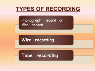 TYPES OF RECORDING
Phonograph record or
disc record.
Wire recording
Tape recording
 