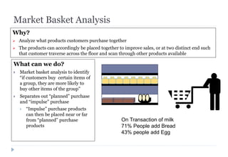 Market Basket Analysis
What can we do?
 Market basket analysis to identify
“if customers buy certain items of
a group, they are more likely to
buy other items of the group”
 Separates out “planned” purchase
and “impulse” purchase
 “Impulse” purchase products
can then be placed near or far
from “planned” purchase
products
Why?
 Analyze what products customers purchase together
 The products can accordingly be placed together to improve sales, or at two distinct end such
that customer traverse across the floor and scan through other products available
On Transaction of milk
71% People add Bread
43% people add Egg
 
