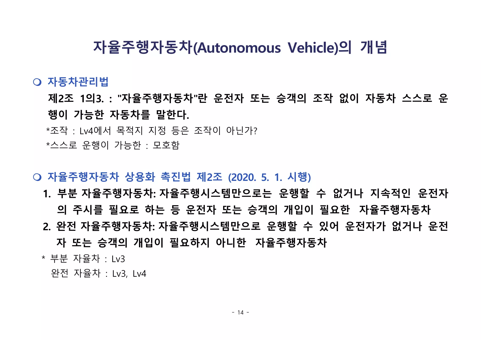 - 14 -
자율주행자동차(Autonomous Vehicle)의 개념
m 자동차관리법
제2조 1의3. : "자율주행자동차"란 운전자 또는 승객의 조작 없이 자동차 스스로 운
행이 가능한 자동차를 말한다.
*조작 : Lv4에서 목적지 지정 등은 조작이 아닌가?
*스스로 운행이 가능한 : 모호함
m 자율주행자동차 상용화 촉진법 제2조 (2020. 5. 1. 시행)
1. 부분 자율주행자동차: 자율주행시스템만으로는 운행할 수 없거나 지속적인 운전자
의 주시를 필요로 하는 등 운전자 또는 승객의 개입이 필요한  자율주행자동차
2. 완전 자율주행자동차: 자율주행시스템만으로 운행할 수 있어 운전자가 없거나 운전
자 또는 승객의 개입이 필요하지 아니한  자율주행자동차
* 부분 자율차 : Lv3
완전 자율차 : Lv3, Lv4
 