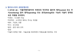 - 15 -
m 캘리포니아의 공중운행규정
§ 227.02 (d) : ‘자율주행자동차’란 자연인의 적극적인 물리적 제어(control) 또는 주
시(monitoring) 없이 동작(operating) 또는 운전(driving)되는 기능의 기술이 장착된
모든 차량을 의미한다.
*자연인 : 시스템이 아님
*적극적인 : 소극적인 제어나 주시는 무관함
*제어 : 가감속, 조향
*주시 : 모니터링
*동작 : 운전 외의 조작
*운전
*기술이 장착된 차량 : 기술(AT)을 정의하면서 차량(AV)를 정의하는 구조
 