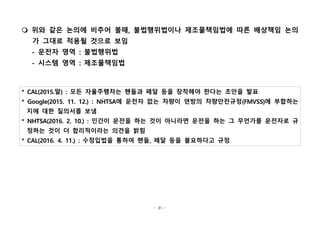 - 31 -
m 위와 같은 논의에 비추어 볼때, 불법행위법이나 제조물책임법에 따른 배상책임 논의
가 그대로 적용될 것으로 보임
- 운전자 영역 : 불법행위법
- 시스템 영역 : 제조물책임법
* CAL(2015.말) : 모든 자율주행차는 핸들과 페달 등을 장착해야 한다는 초안을 발표
* Google(2015. 11. 12.) : NHTSA에 운전자 없는 차량이 연방의 차량안전규정(FMVSS)에 부합하는
지에 대한 질의서를 보냄
* NHTSA(2016. 2. 10.) : 인간이 운전을 하는 것이 아니라면 운전을 하는 그 무언가를 운전자로 규
정하는 것이 더 합리적이라는 의견을 밝힘
* CAL(2016. 4. 11.) : 수정입법을 통하여 핸들, 페달 등을 불요하다고 규정
 