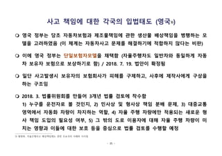 - 35 -
사고 책임에 대한 각국의 입법태도 (영국3))
m 영국 정부는 당초 자동차보험과 제조물책임에 관한 생산물 배상책임을 병행하는 모
델을 고려하였음 (이 체계는 자동차사고 문제를 해결하기에 적합하지 않다는 비판)
m 이에 영국 정부는 단일보험자모델을 채택함 (자율주행차도 일반차와 동일하게 자동
차 보유자 보험으로 보상하기로 함) / 2018. 7. 19. 법안이 확정됨
m 일단 사고발생시 보유자의 보험회사가 피해를 구제하고, 사후에 제작사에게 구상을
하는 구조임
m 2018. 3. 법률위원회를 만들어 3개년 법률 검토에 착수함
1) 누구를 운전자로 볼 것인지, 2) 민사상 및 형사상 책임 분배 문제, 3) 대중교통
영역에서 자동화 차량이 차지하는 역할, 4) 자율 주행 차량에만 적용되는 새로운 형
사 책임 도입의 필요성 여부, 5) 그 밖의 도로 이용자에 대해 자율 주행 차량이 미
치는 영향과 이들에 대한 보호 등을 중심으로 법률 검토를 수행할 예정
3) 황현화, 자율주행사고 배상책임제도 관련 주요국의 사례와 시사점
 