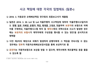 - 36 -
사고 책임에 대한 각국의 입법태도 (일본4))
m 2018. 3. 자동운전 손해배상책임 연구회의 최종보고서가 제출됨
m 일본은 2018. 3. 30. Lv3 및 Lv4 자율주행차 사고책임에 대하여 ’자율주행사고일지라
도 현행 일본 자배법 운행자 책임 체계를 그대로 적용하여 보유자의 보험으로 피해
자를 구제하되, 자율주행시스템 하자 등 제작사측의 귀책사유로 사고가 발생한 경우
에는 보유자의 보험사가 제작자에게 구상권을 행사할 수 있는 방안‘을 공식적으로
채택함
m 다만 제3자의 해킹으로 피해가 발생하여 운행자에게 그 책임을 귀속시킬 수 없는
경우에는 정부가 자동차손해배상보장사업을 통해 보상하기로 함
m 운전자는 자동차보험으로 보상을 받을 수 없으며, 제작사에게 제조물책임 등을 물을
수 있도록 함
4) 황현화, 자율주행사고 배상책임제도 관련 주요국의 사례와 시사점
 