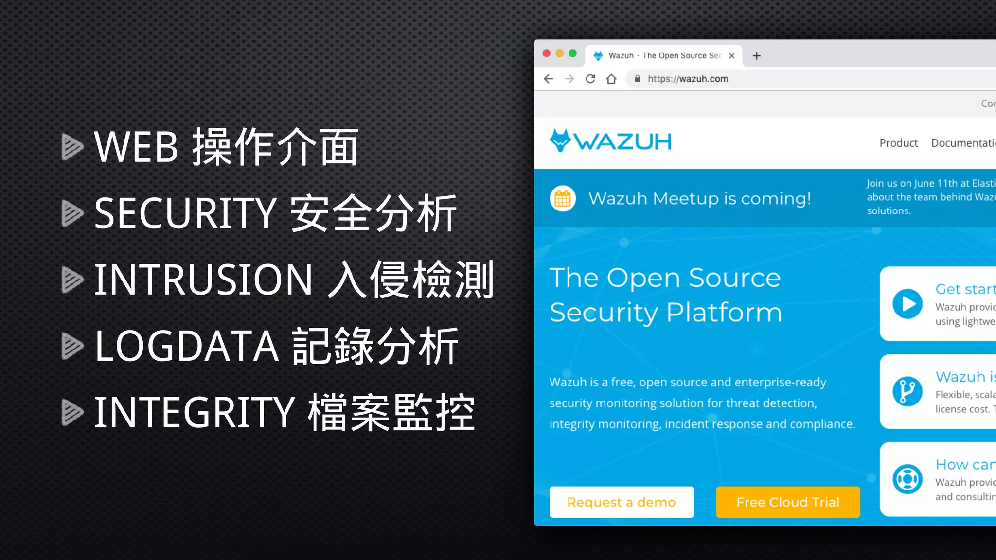 WEB 操作介面
SECURITY 安全分析
INTRUSION 入侵檢測
LOGDATA 記錄分析
INTEGRITY 檔案監控
 