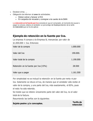  Declarar el Iva. ...
 Obligación de informar el cese de actividades.
 Deben cobrar y facturar el IVA
 En cargados de recuadar y consignar a la cuenta de la DIAN
La retención en la fuente por Iva consiste en que el comprador, al momento de causar o
pagar la compra, retiene al vendedor un porcentaje del Ivadependiendo de la tarifa
de retención que se ha de aplicar.
Ejemplo de retención en la fuente por Iva.
La empresa A compra a la Empresa B, mercancías por valor de
$1.000.000 + Iva. Entonces:
Valor de la compra 1.000.000
Valor del Iva 190.000.
Valor total de la compra 1.190.000
Retención en la fuente por Iva (15%) 28.500
Valor que a pagar 1.161.500
Por simplicidad no se incluyó la retención en la fuente por renta ni por
Ica. Solamente se retuvo el Iva, de manera que el vendedor sólo recibe el
valor de la compra, y una parte del Iva, más exactamente, el 85%, pues
el resto ha sido retenido.
Se insiste que se retiene únicamente parte del valor del Iva, no el valor
total de la factura.
Resumiendo las tarifas son la siguientes:
Sujeto pasivo y/o conceptos.
Tarifa de
retención
 