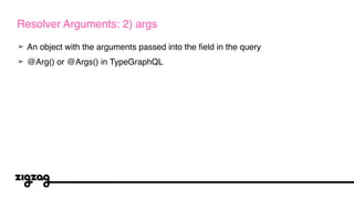 ➢ An object with the arguments passed into the field in the query
➢ @Arg() or @Args() in TypeGraphQL
Resolver Arguments: 2) args
 