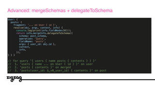 User: {
posts: {
fragment: '... on User { id }',
resolve(obj, args, context, info) {
console.log(print(info.fieldNodes[0]));
return info.mergeInfo.delegateToSchema({
schema: post_schema,
operation: 'query',
fieldName: 'posts',
args: { user_id: obj.id },
context,
info,
});
} } } 
// for query '{ users { name posts { contents } } }'
// 1. 'users { name ... on User { id } }' on user
// 2. 'posts { contents }' on merged
// 3. 'posts(user_id: $_v0_user_id) { contents }' on post
Advanced: mergeSchemas + delegateToSchema
 