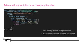 const schema = new GraphQLSchema({
subscription: new GraphQLObjectType({
name: 'RootSubscriptionType',
fields: {
doTaskWithProgress: {
type: GraphQLString,
async *subscribe(source, args) {
for (let i = 0; i < 10; i++) {
await Bluebird.delay(1000);
yield i;
}
},
} } }) });
Advanced: subscription - run task in subscribe
- Task will stop when subscription ended
- Subscription will be ended when task ended
 