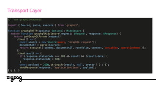 // from graphql-express
import { Source, parse, execute } from 'graphql';
function graphqlHTTP(options: Options): Middleware {
return function graphqlMiddleware(request: $Request, response: $Response) {
return getGraphQLParams(request)
.then(() => {
const source = new Source(query, 'GraphQL request');
documentAST = parse(source);
return execute({ schema, documentAST, rootValue, context, variables, operationName });
})
.then(result => {
if (response.statusCode === 200 && result && !result.data) {
response.statusCode = 500;
}
const payload = JSON.stringify(result, null, pretty ? 2 : 0);
sendResponse(response, 'application/json', payload);
}); }; }
Transport Layer
 