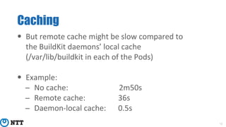 Caching
12
• But remote cache might be slow compared to
the BuildKit daemons’ local cache
(/var/lib/buildkit in each of the Pods)
• Example:
− No cache: 2m50s
− Remote cache: 36s
− Daemon-local cache: 0.5s
 