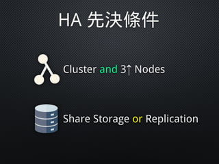 Cluster and 3↑ Nodes
Share Storage or Replication
HA 先決條件
 