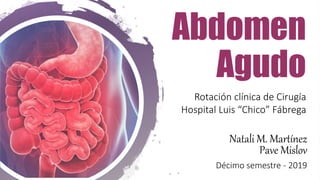 Abdomen
Agudo
Natali M. Martínez
Pave Mislov
Décimo semestre - 2019
Rotación clínica de Cirugía
Hospital Luis “Chico” Fábrega
 