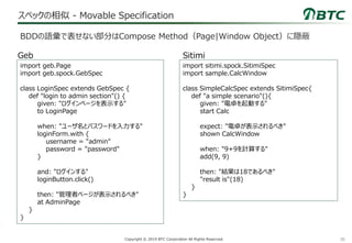 36Copyright © 2019 BTC Corporation All Rights Reserved.
スペックの相似 - Movable Specification
BDDの語彙で表せない部分はCompose Method（Page|Window Object）に隠蔽
import geb.Page
import geb.spock.GebSpec
class LoginSpec extends GebSpec {
def "login to admin section"() {
given: "ログインページを表示する"
to LoginPage
when: "ユーザ名とパスワードを入力する"
loginForm.with {
username = "admin"
password = "password"
}
and: "ログインする"
loginButton.click()
then: "管理者ページが表示されるべき"
at AdminPage
}
}
import sitimi.spock.SitimiSpec
import sample.CalcWindow
class SimpleCalcSpec extends SitimiSpec{
def "a simple scenario"(){
given: "電卓を起動する"
start Calc
expect: "電卓が表示されるべき"
shown CalcWindow
when: "9+9を計算する"
add(9, 9)
then: "結果は18であるべき"
"result is"(18)
}
}
Geb Sitimi
 
