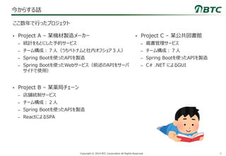 9Copyright © 2019 BTC Corporation All Rights Reserved.
今からする話
• Project A – 某機材製造メーカー
– 統計をもとにした予約サービス
– チーム構成：７人（うちベトナムと社内オフショア３人）
– Spring Bootを使ったAPIを製造
– Spring Bootを使ったWebサービス（前述のAPIをサーバ
サイドで使用）
• Project B – 某薬局チェーン
– 店舗統制サービス
– チーム構成：２人
– Spring Bootを使ったAPIを製造
– ReactによるSPA
ここ数年で行ったプロジェクト
• Project C – 某公共図書館
– 蔵書管理サービス
– チーム構成：７人
– Spring Bootを使ったAPIを製造
– C# .NET によるGUI
 