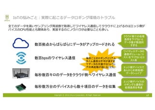 Copyright © 2016 Uhuru Corporation, All Right Reserved.
全てのデータを⾼いサンプリング周波数で取得してワイヤレス通信してクラウドに上げるのはエッジ側デ
バイスのCPU性能とも関係あり、実装するのにノウハウが必要なことも多い。
17
IoTの悩みごと：実際に起こるデータロギング環境のトラブル
毎秒数万台のデバイスから数十項目のデータを収集
毎秒数百キロのデータをクラウド側へワイヤレス通信
数百bpsのワイヤレス通信
数百拠点からばらばらにデータがアップロードされる
エッジ側デバイスで
あらかじめ前処理・
データシェイプ
クラウド側での処理
負荷を下げないと
データ量が散逸的
すぎる
ワイヤレスデータの
通信ボリューム（コ
スト）を下げないとコ
スト高
エッジ側デバイスの
ロギングと通信の
処理負荷を考慮
毎秒ごとのロギングとリアル
タイム通信は不可が高すぎ
てデータの欠損やミドルウェ
アの再起動が起こることも。
 
