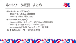 Copyright 2018 Yahoo Japan Corporation. All Rights Reserved.
ネットワーク概要 まとめ
• North-South トラフィック
• 動画トラフィックにより増加傾向
• Scale Upで増速、増強し対応
• East-West トラフィック
• Hadoop、ストレージネットワークなどにより急激に増加
• Scale Upでは限界のため、Scale Outで対応
• zone securityでCLOS Fabric ネットワークを構築
• 歴史のあるネットワーク更改に苦労
 