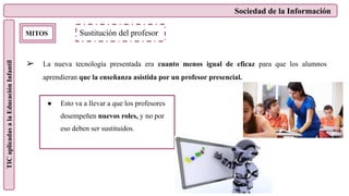 Sociedad de la Información
TIC
aplicadas
a
la
Educación
Infantil
MITOS
➢ La nueva tecnología presentada era cuanto menos igual de eficaz para que los alumnos
aprendieran que la enseñanza asistida por un profesor presencial.
Sustitución del profesor
● Esto va a llevar a que los profesores
desempeñen nuevos roles, y no por
eso deben ser sustituidos.
 