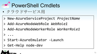 PowerShell Cmdlets
• クラウドサービス用
>   New-AzureServiceProject ProjectName
>   Add-AzureNodeWebRole WebRole1
>   Add-AzureNodeWorkerRole WorkerRole1
>   ...
>   Start-AzureEmulator -Launch
>   Get-Help node-dev
                                          15
 