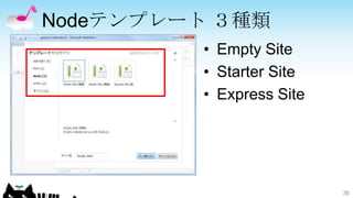 Nodeテンプレート ３種類
         • Empty Site
         • Starter Site
         • Express Site




                          36
 