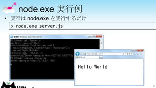 node.exe 実行例
• 実行は node.exe を実行するだけ
 > node.exe server.js




                         8
 
